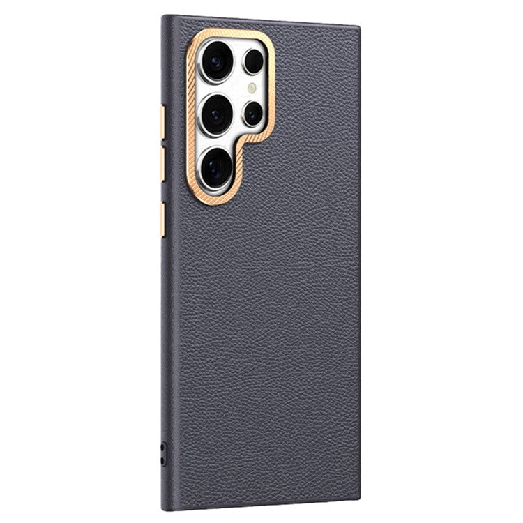 For Samsung Galaxy S25 Ultra Phone Case Leather+TPU Back Cover with Metal Lens Frame - Grey