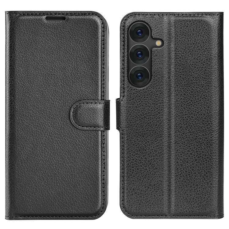 For Samsung Galaxy S25+ Case Litchi Texture Shockproof Leather Wallet Phone Cover - Black