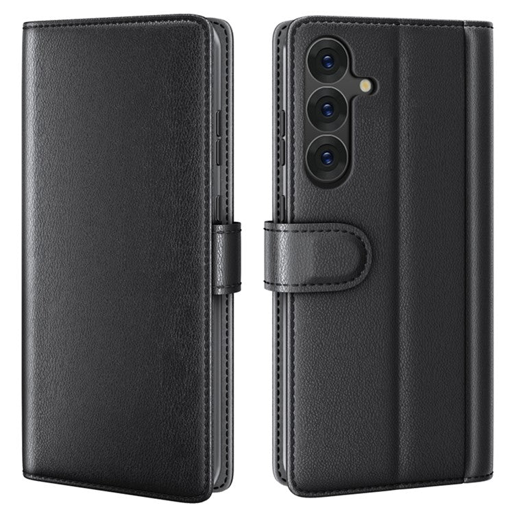 For Samsung Galaxy S25 Case Genuine Split Leather Phone Cover Wallet Card Slot - Black