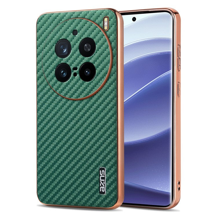 AZNS For vivo X200 Pro 5G Case Electroplating Carbon Fiber Texture PU+TPU Phone Cover - Green