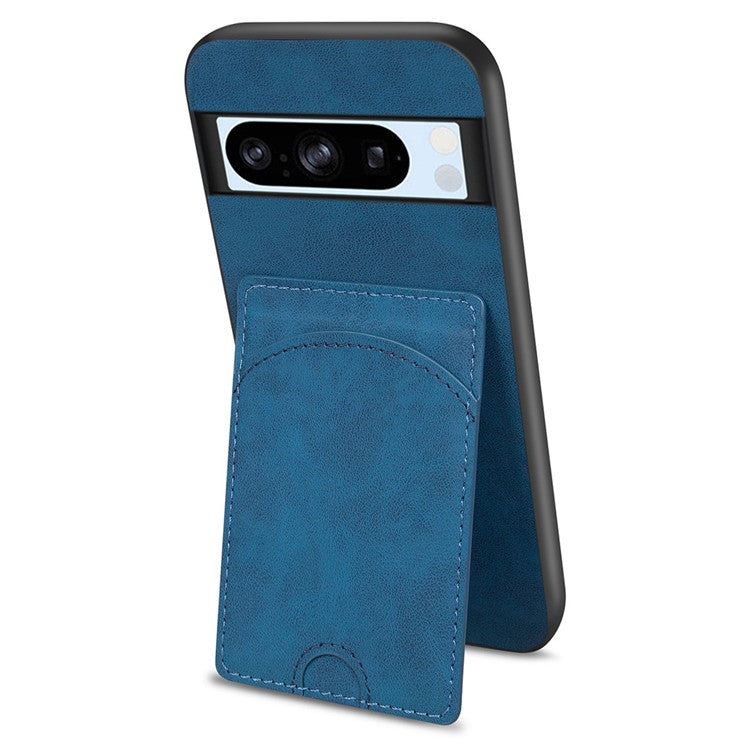 For Google Pixel 9a Case Kickstand Leather Coated TPU Phone Cover with Card Slot - Blue