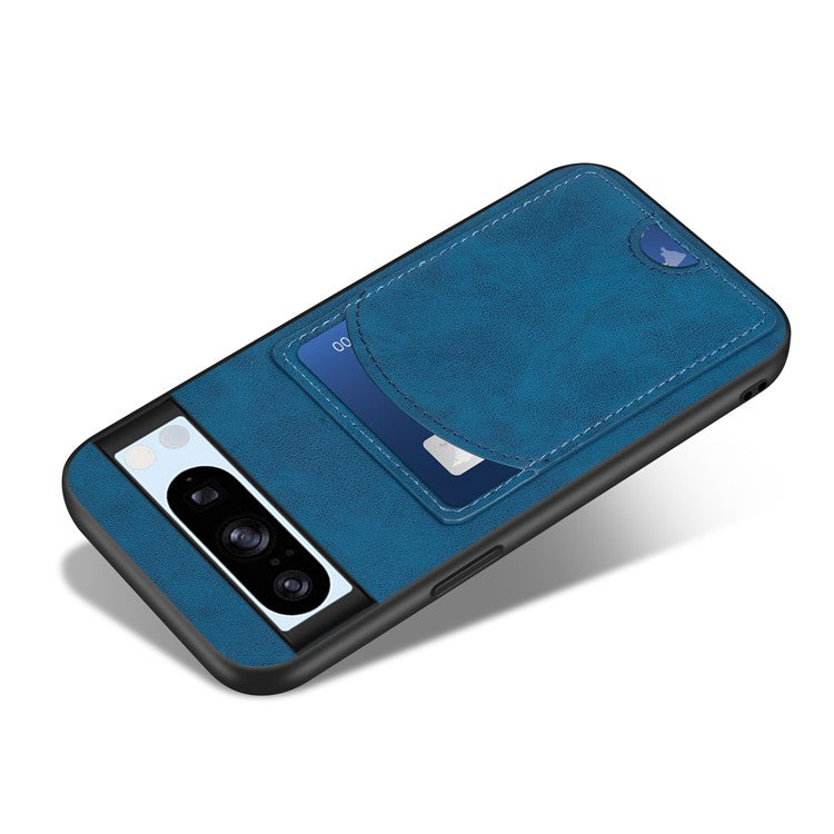 For Google Pixel 9a Case Kickstand Leather Coated TPU Phone Cover with Card Slot - Blue