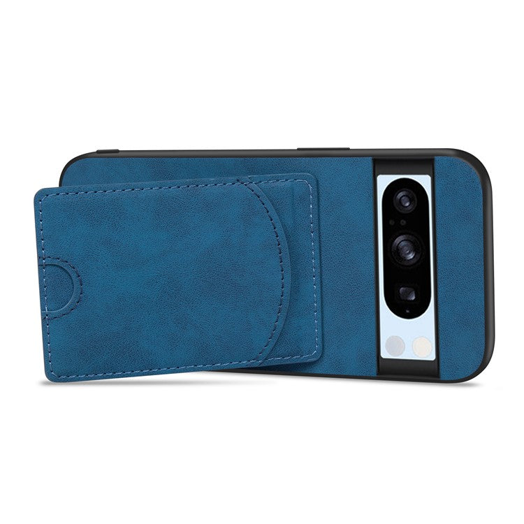 For Google Pixel 9a Case Kickstand Leather Coated TPU Phone Cover with Card Slot - Blue