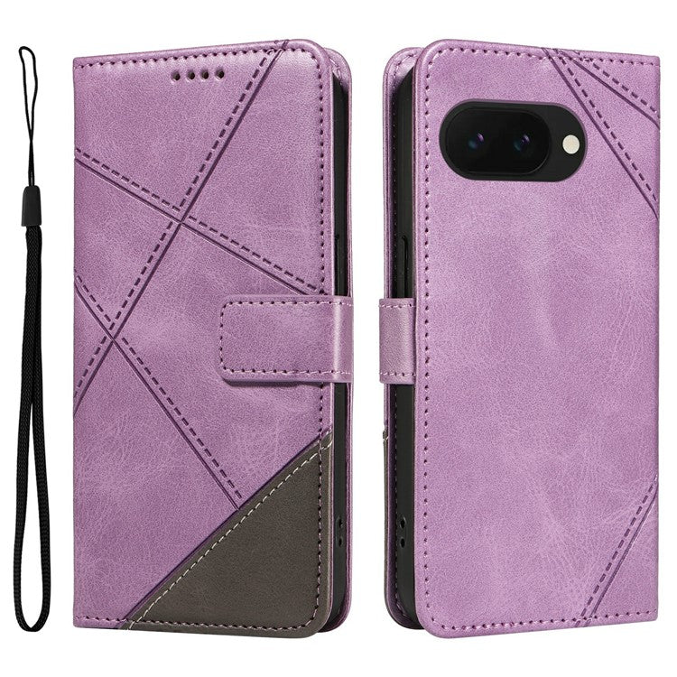 For Google Pixel 9a Case Leather Geometric Line Wallet Phone Cover with Wrist Strap - Light Purple