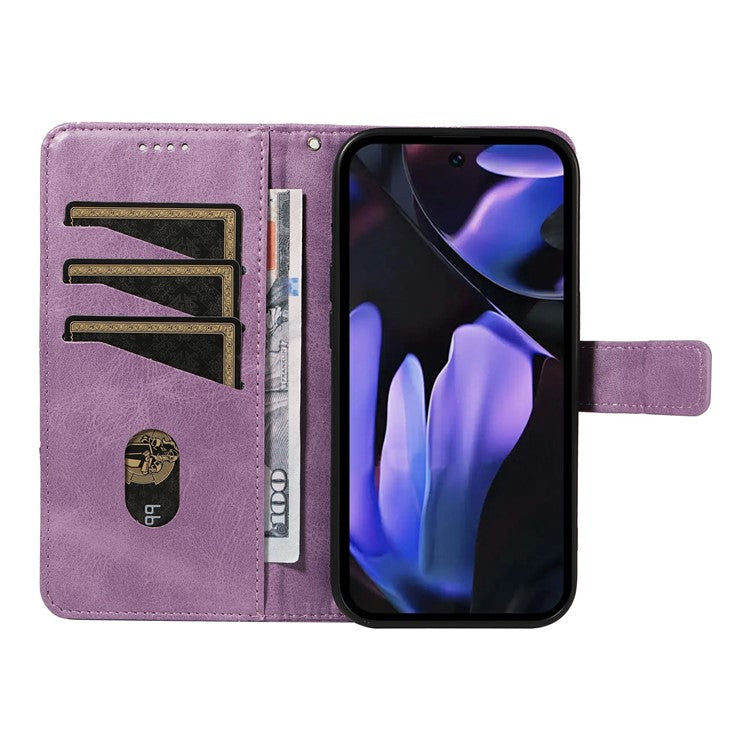 For Google Pixel 9a Case Leather Geometric Line Wallet Phone Cover with Wrist Strap - Light Purple