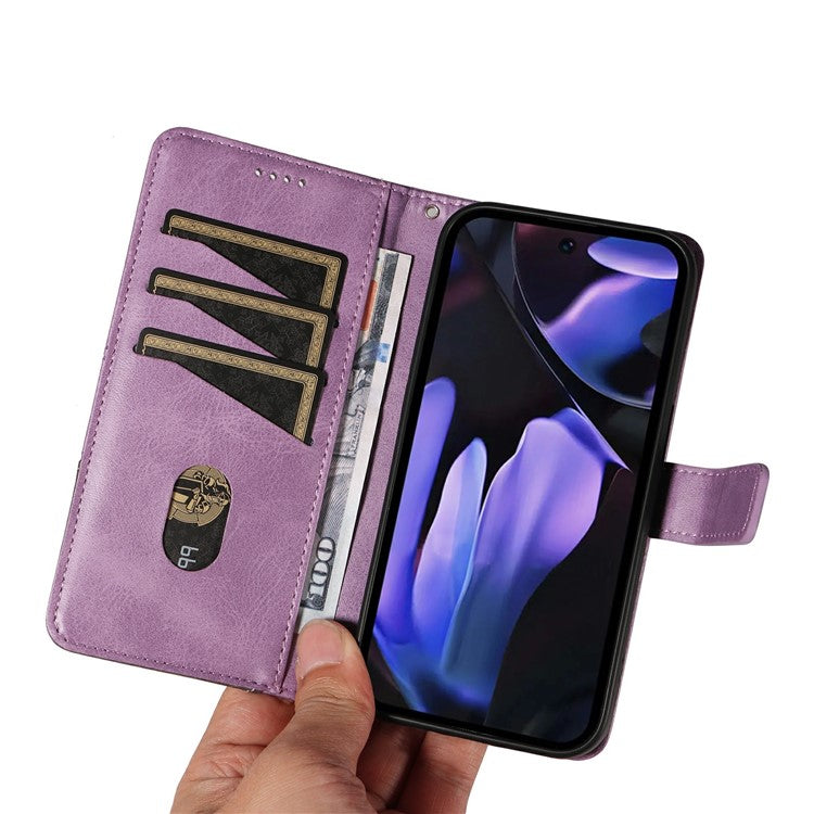 For Google Pixel 9a Case Leather Geometric Line Wallet Phone Cover with Wrist Strap - Light Purple