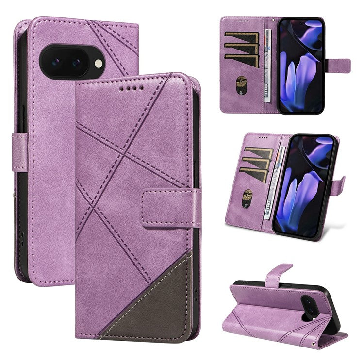 For Google Pixel 9a Case Leather Geometric Line Wallet Phone Cover with Wrist Strap - Light Purple