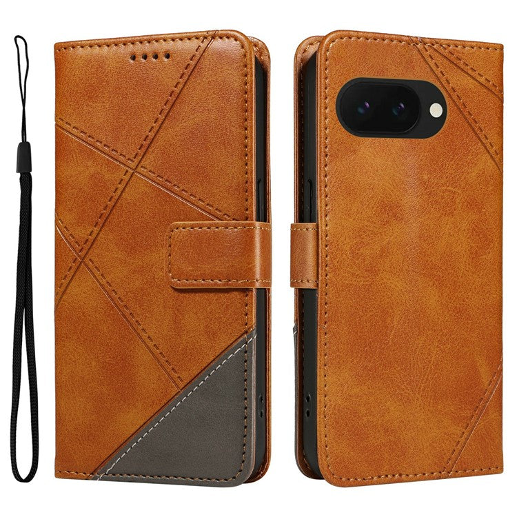 For Google Pixel 9a Case Leather Geometric Line Wallet Phone Cover with Wrist Strap - Brown