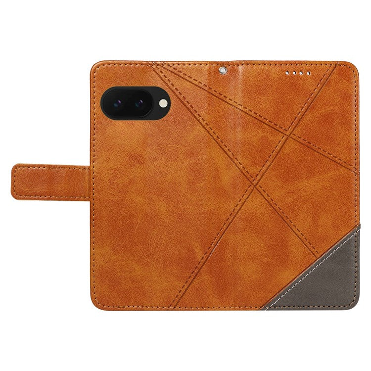 For Google Pixel 9a Case Leather Geometric Line Wallet Phone Cover with Wrist Strap - Brown