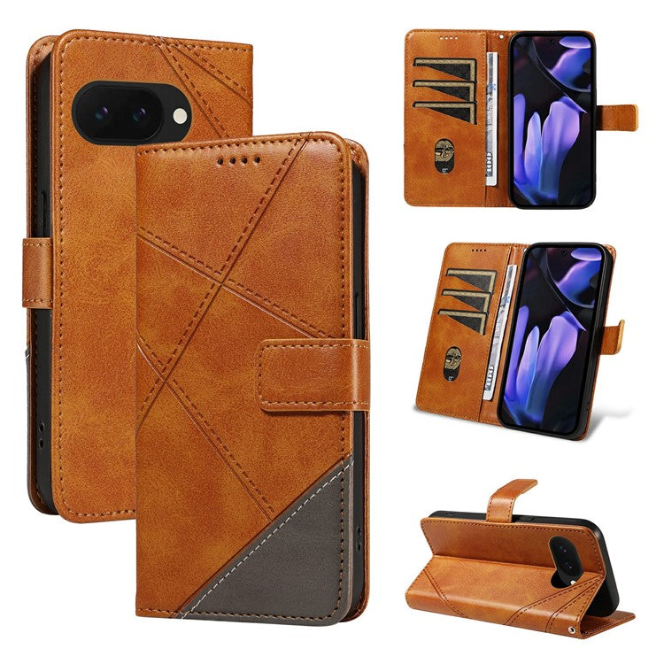 For Google Pixel 9a Case Leather Geometric Line Wallet Phone Cover with Wrist Strap - Brown