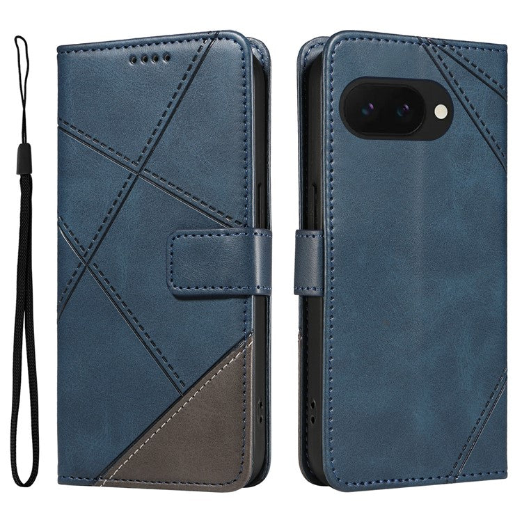 For Google Pixel 9a Case Leather Geometric Line Wallet Phone Cover with Wrist Strap - Blue