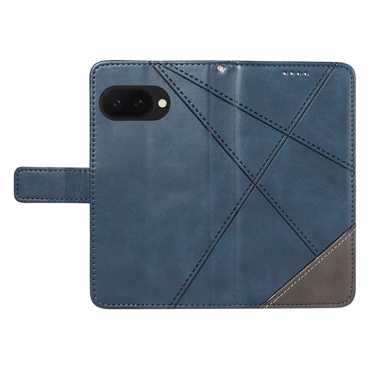 For Google Pixel 9a Case Leather Geometric Line Wallet Phone Cover with Wrist Strap - Blue