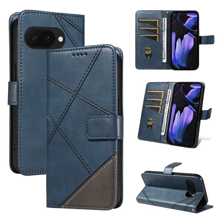 For Google Pixel 9a Case Leather Geometric Line Wallet Phone Cover with Wrist Strap - Blue