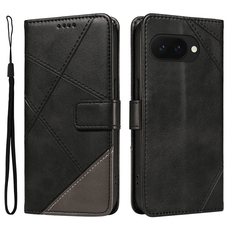 For Google Pixel 9a Case Leather Geometric Line Wallet Phone Cover with Wrist Strap - Black