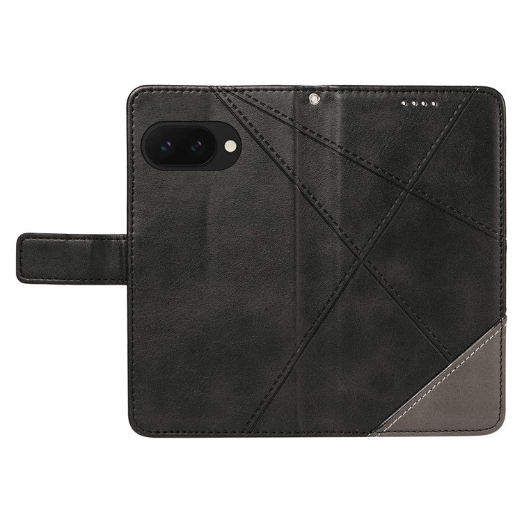 For Google Pixel 9a Case Leather Geometric Line Wallet Phone Cover with Wrist Strap - Black