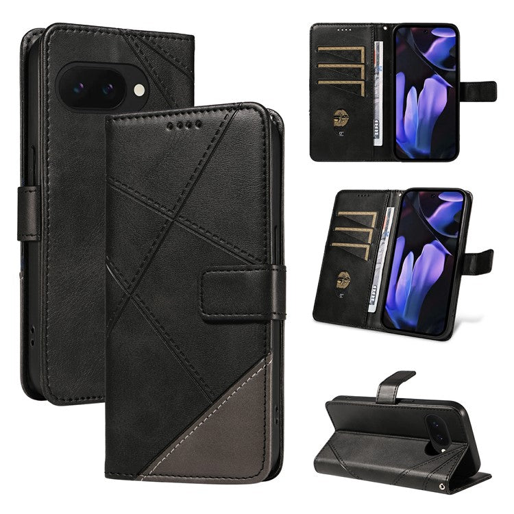 For Google Pixel 9a Case Leather Geometric Line Wallet Phone Cover with Wrist Strap - Black