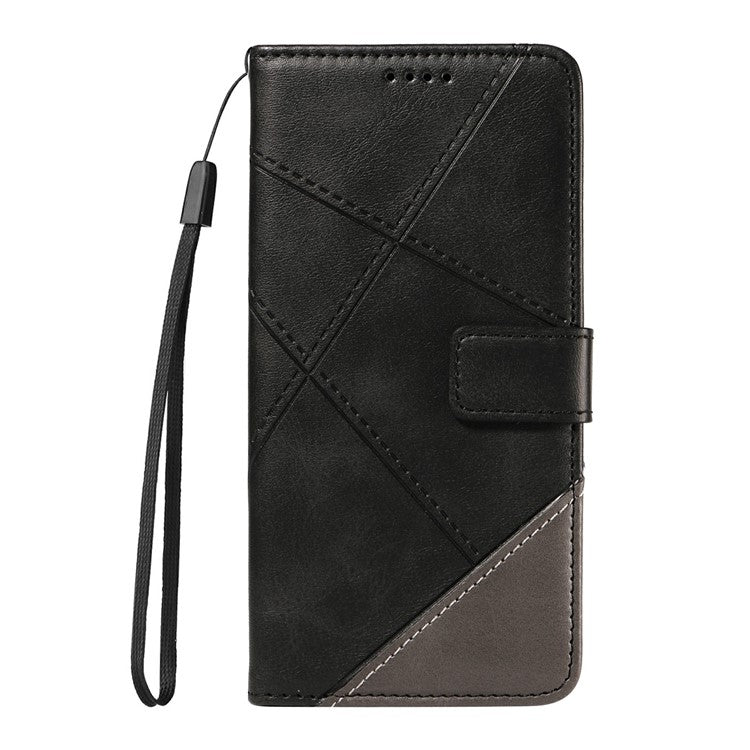 For Google Pixel 9a Case Leather Geometric Line Wallet Phone Cover with Wrist Strap - Black