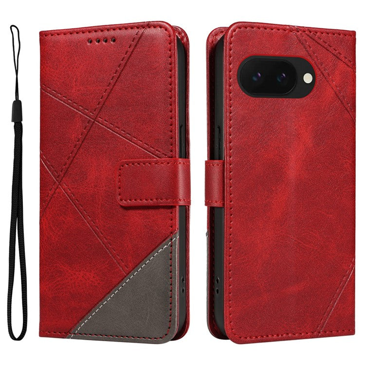 For Google Pixel 9a Case Leather Geometric Line Wallet Phone Cover with Wrist Strap - Red