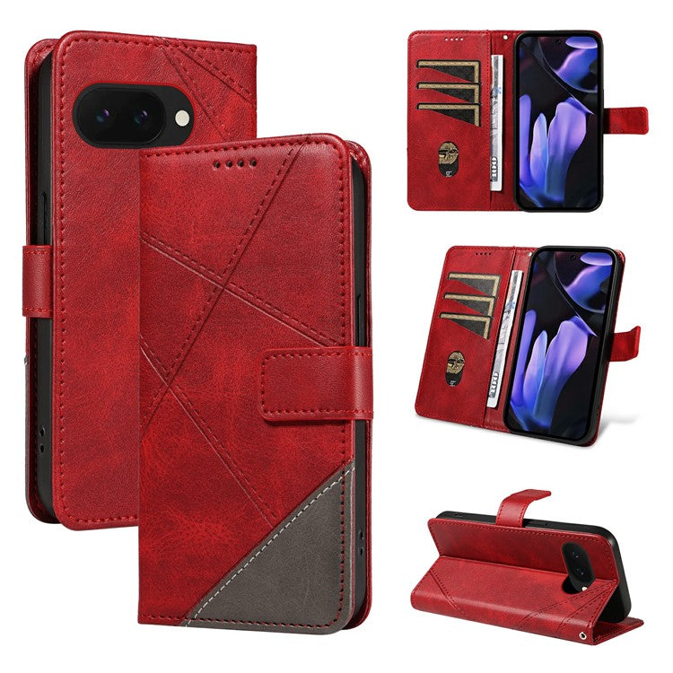 For Google Pixel 9a Case Leather Geometric Line Wallet Phone Cover with Wrist Strap - Red