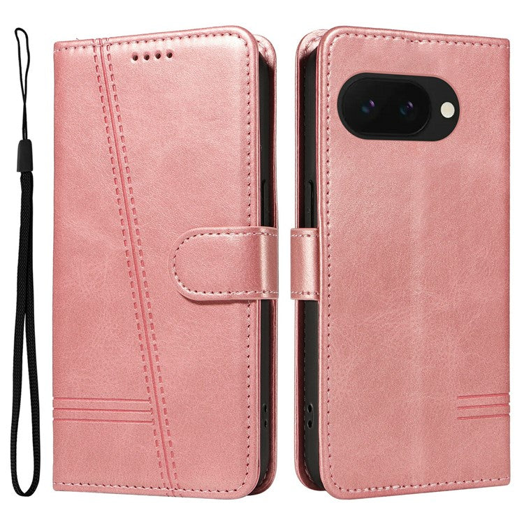 For Google Pixel 9a Case Flip Wallet T-Shape Lines Leather Phone Cover - Rose Gold