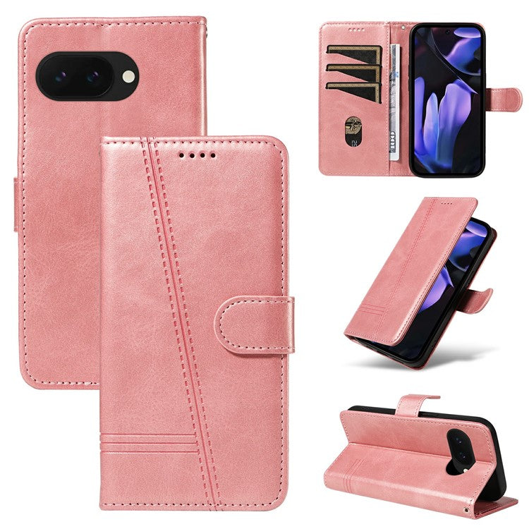 For Google Pixel 9a Case Flip Wallet T-Shape Lines Leather Phone Cover - Rose Gold