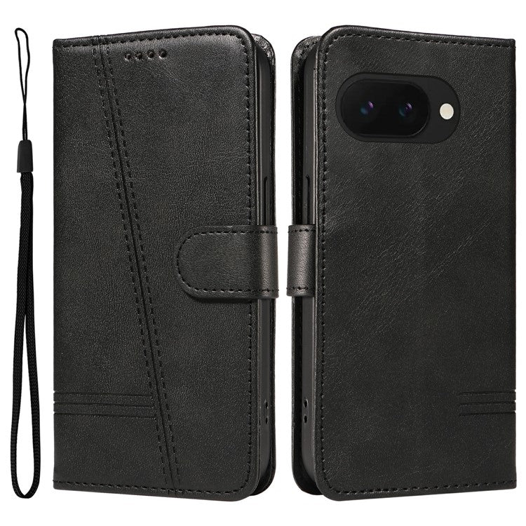 For Google Pixel 9a Case Flip Wallet T-Shape Lines Leather Phone Cover - Black