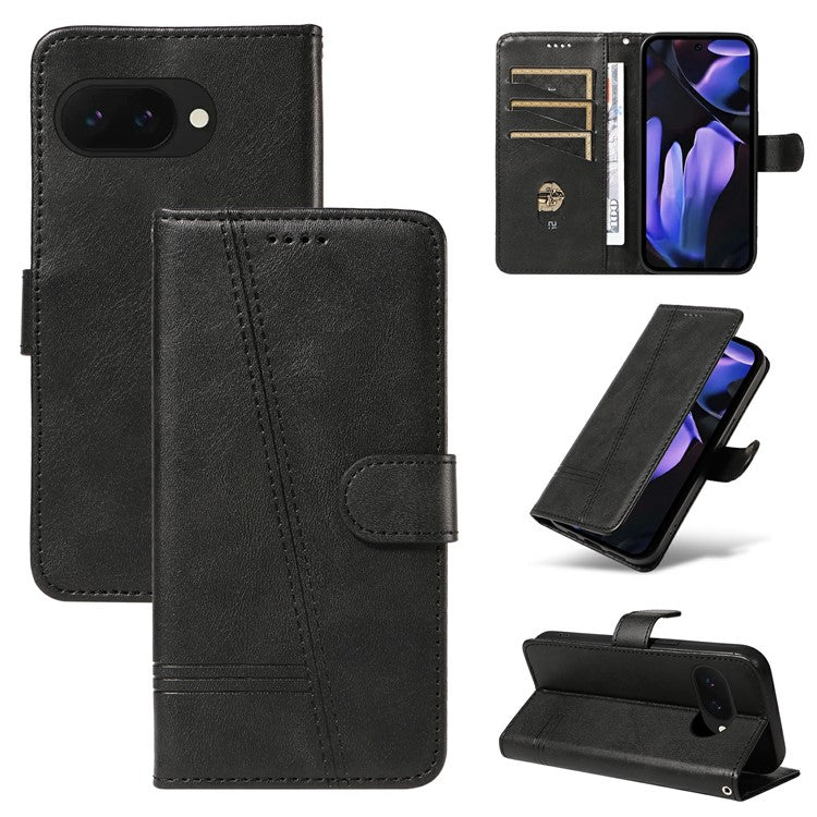 For Google Pixel 9a Case Flip Wallet T-Shape Lines Leather Phone Cover - Black