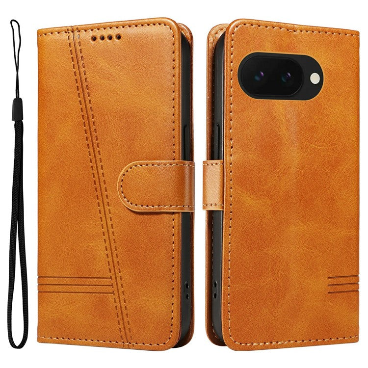 For Google Pixel 9a Case Flip Wallet T-Shape Lines Leather Phone Cover - Brown