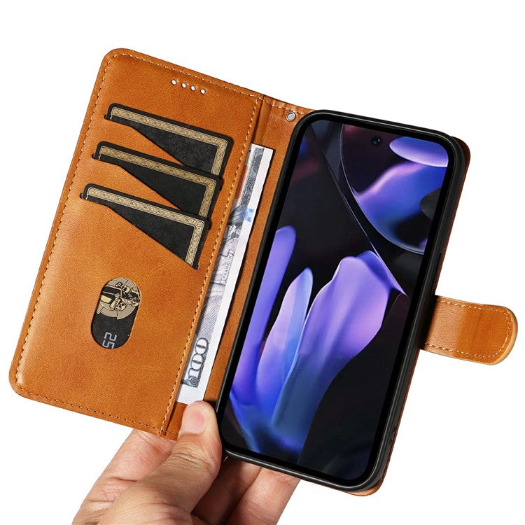 For Google Pixel 9a Case Flip Wallet T-Shape Lines Leather Phone Cover - Brown