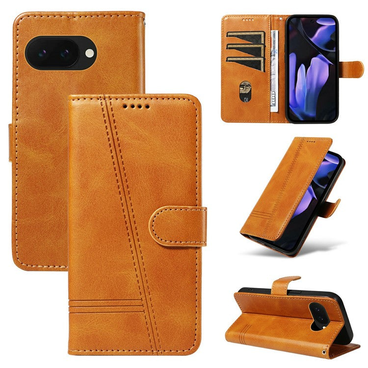 For Google Pixel 9a Case Flip Wallet T-Shape Lines Leather Phone Cover - Brown