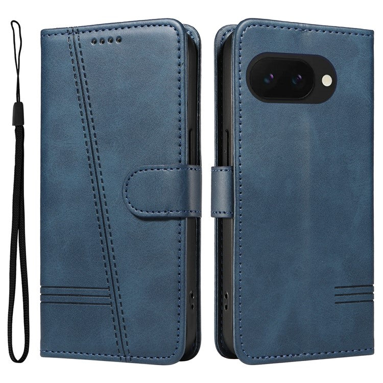 For Google Pixel 9a Case Flip Wallet T-Shape Lines Leather Phone Cover - Blue