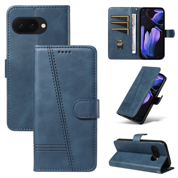 For Google Pixel 9a Case Flip Wallet T-Shape Lines Leather Phone Cover - Blue