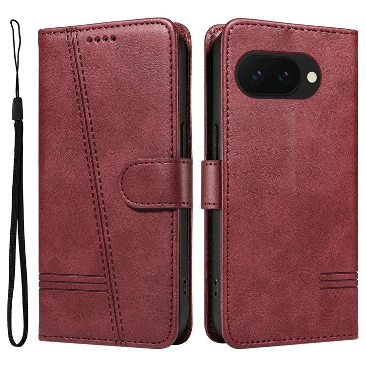 For Google Pixel 9a Case Flip Wallet T-Shape Lines Leather Phone Cover - Wine Red