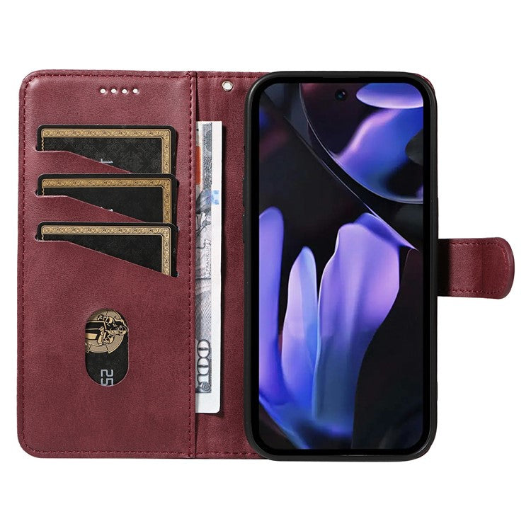 For Google Pixel 9a Case Flip Wallet T-Shape Lines Leather Phone Cover - Wine Red