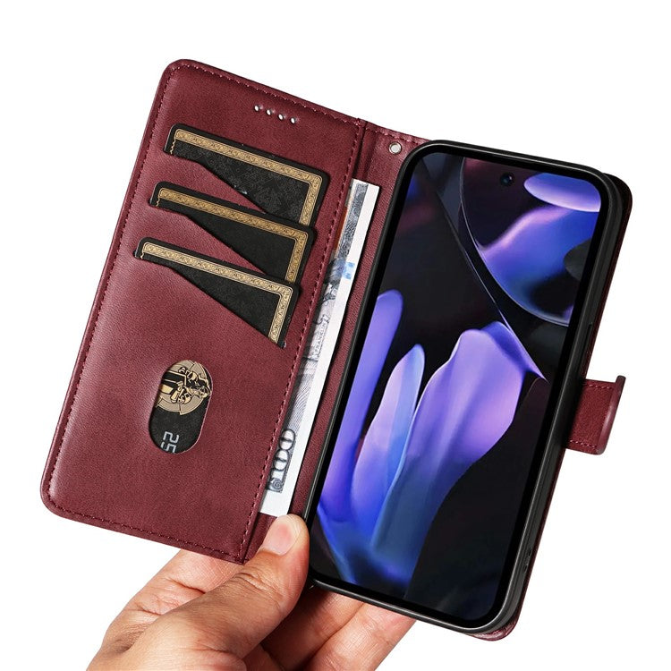 For Google Pixel 9a Case Flip Wallet T-Shape Lines Leather Phone Cover - Wine Red