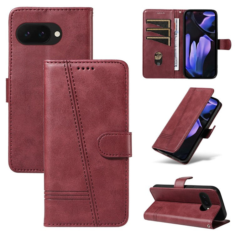 For Google Pixel 9a Case Flip Wallet T-Shape Lines Leather Phone Cover - Wine Red