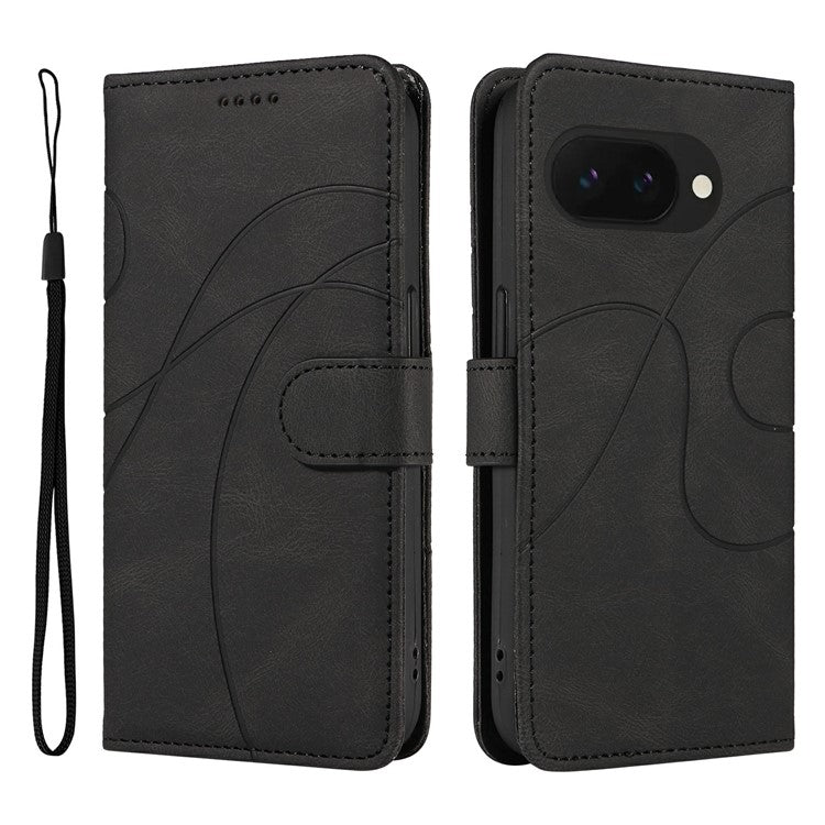 For Google Pixel 9a Case Stand Wallet Leather Phone Cover Curved Line Wrist Strap - Black