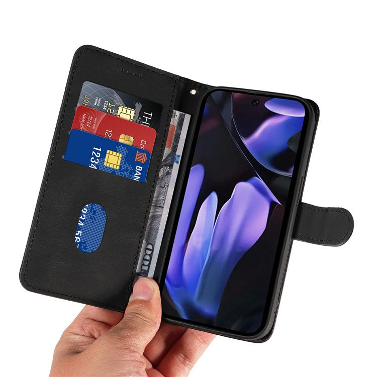 For Google Pixel 9a Case Stand Wallet Leather Phone Cover Curved Line Wrist Strap - Black