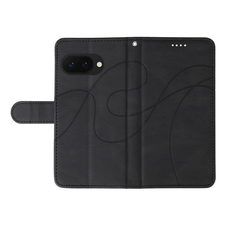 For Google Pixel 9a Case Stand Wallet Leather Phone Cover Curved Line Wrist Strap - Black