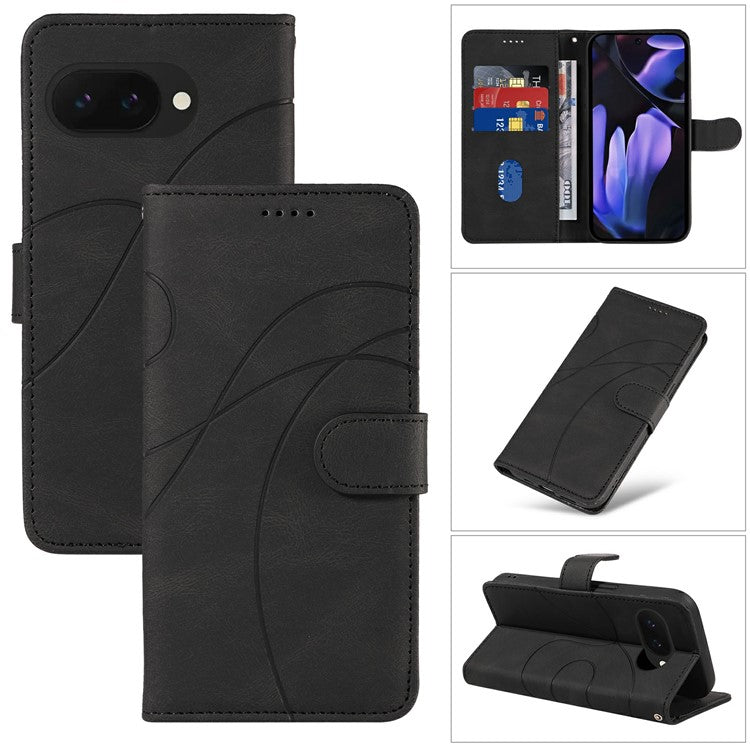 For Google Pixel 9a Case Stand Wallet Leather Phone Cover Curved Line Wrist Strap - Black