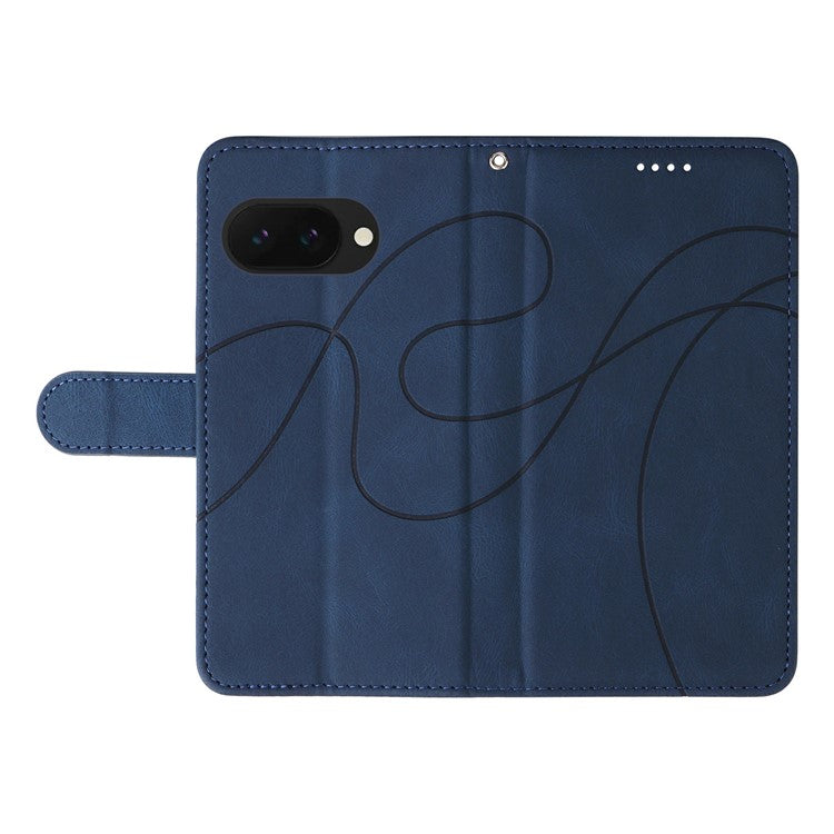 For Google Pixel 9a Case Stand Wallet Leather Phone Cover Curved Line Wrist Strap - Blue