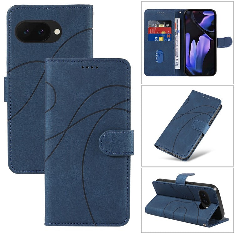 For Google Pixel 9a Case Stand Wallet Leather Phone Cover Curved Line Wrist Strap - Blue