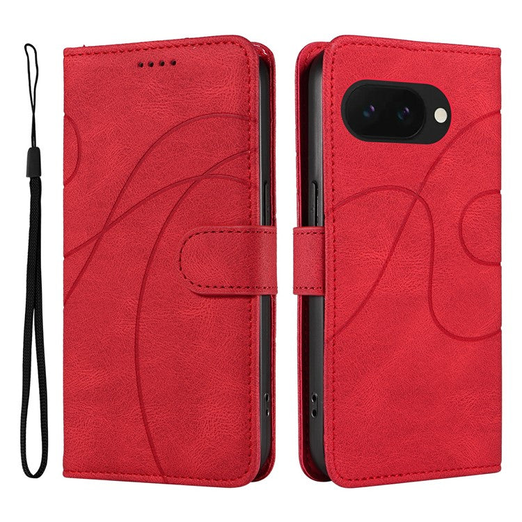 For Google Pixel 9a Case Stand Wallet Leather Phone Cover Curved Line Wrist Strap - Red