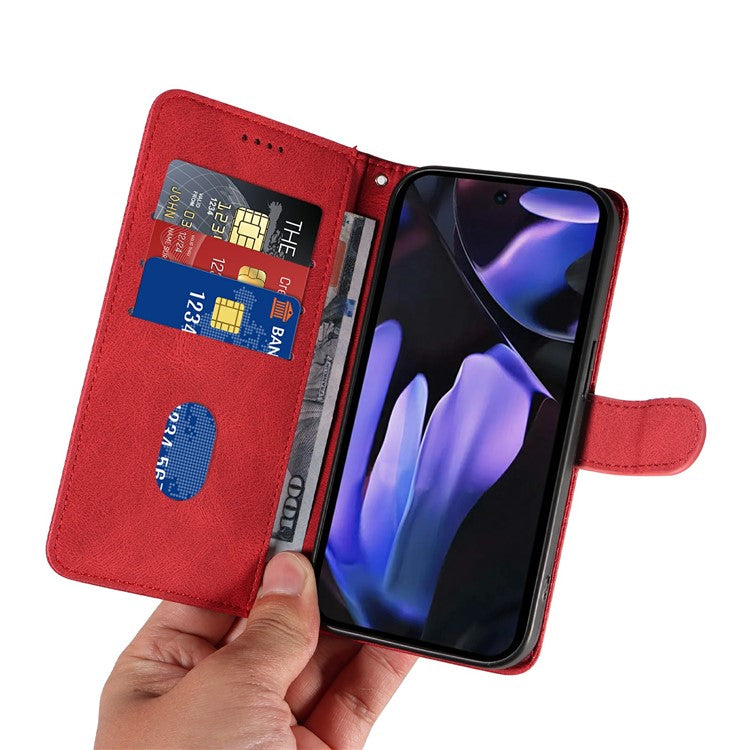 For Google Pixel 9a Case Stand Wallet Leather Phone Cover Curved Line Wrist Strap - Red