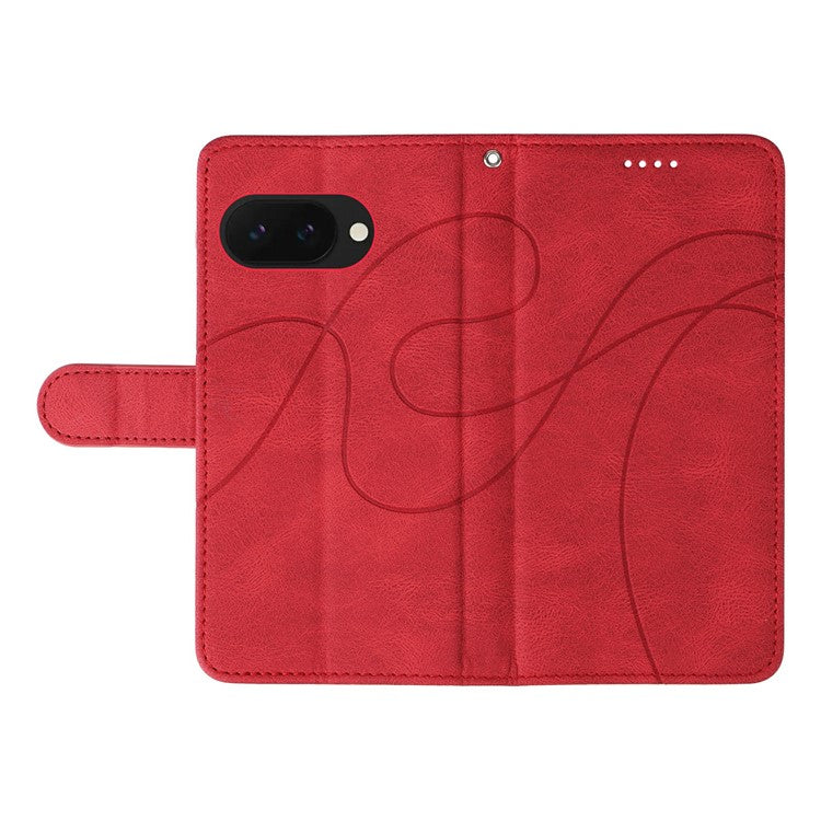 For Google Pixel 9a Case Stand Wallet Leather Phone Cover Curved Line Wrist Strap - Red