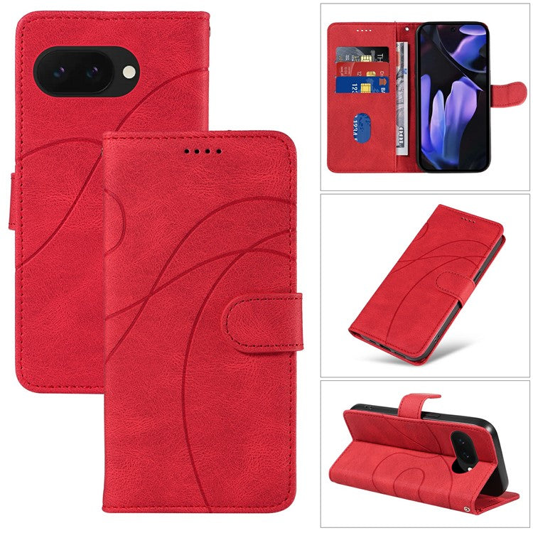 For Google Pixel 9a Case Stand Wallet Leather Phone Cover Curved Line Wrist Strap - Red