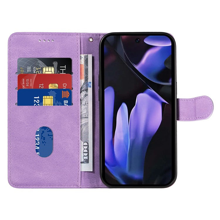 For Google Pixel 9a Case Stand Wallet Leather Phone Cover Curved Line Wrist Strap - Light Purple