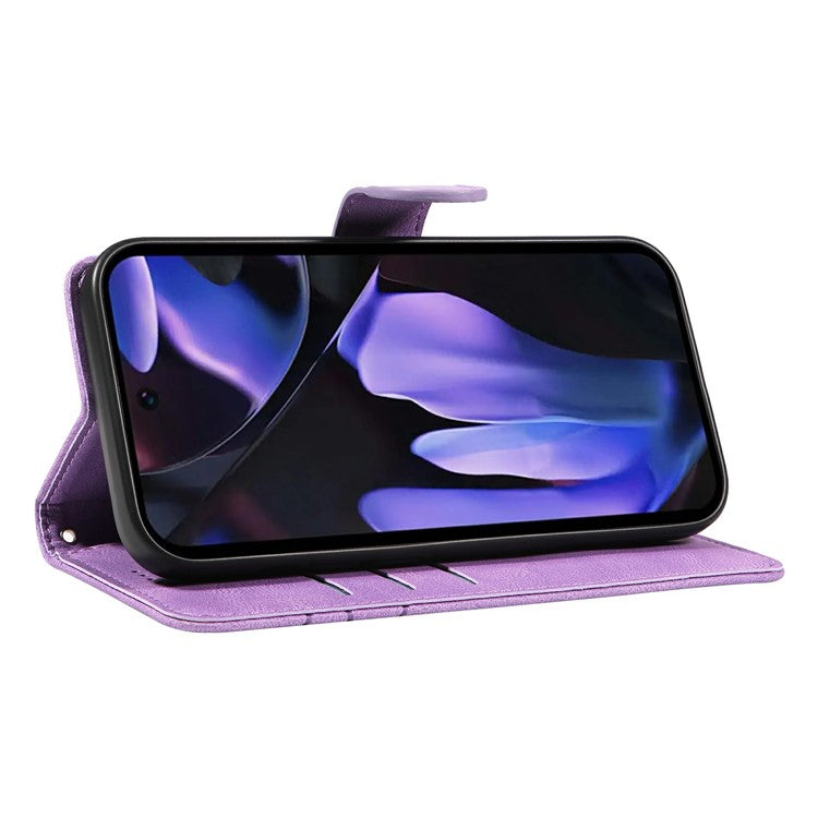 For Google Pixel 9a Case Stand Wallet Leather Phone Cover Curved Line Wrist Strap - Light Purple