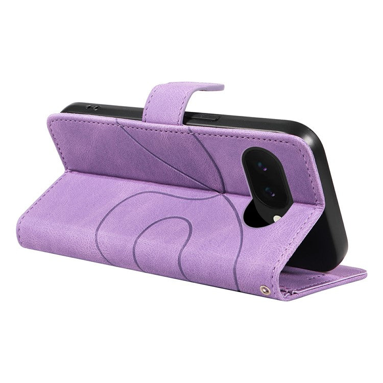 For Google Pixel 9a Case Stand Wallet Leather Phone Cover Curved Line Wrist Strap - Light Purple