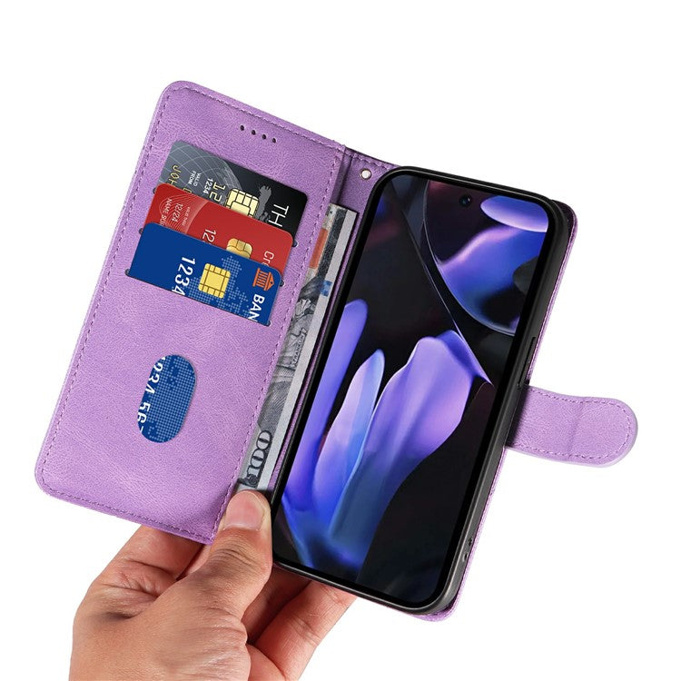 For Google Pixel 9a Case Stand Wallet Leather Phone Cover Curved Line Wrist Strap - Light Purple